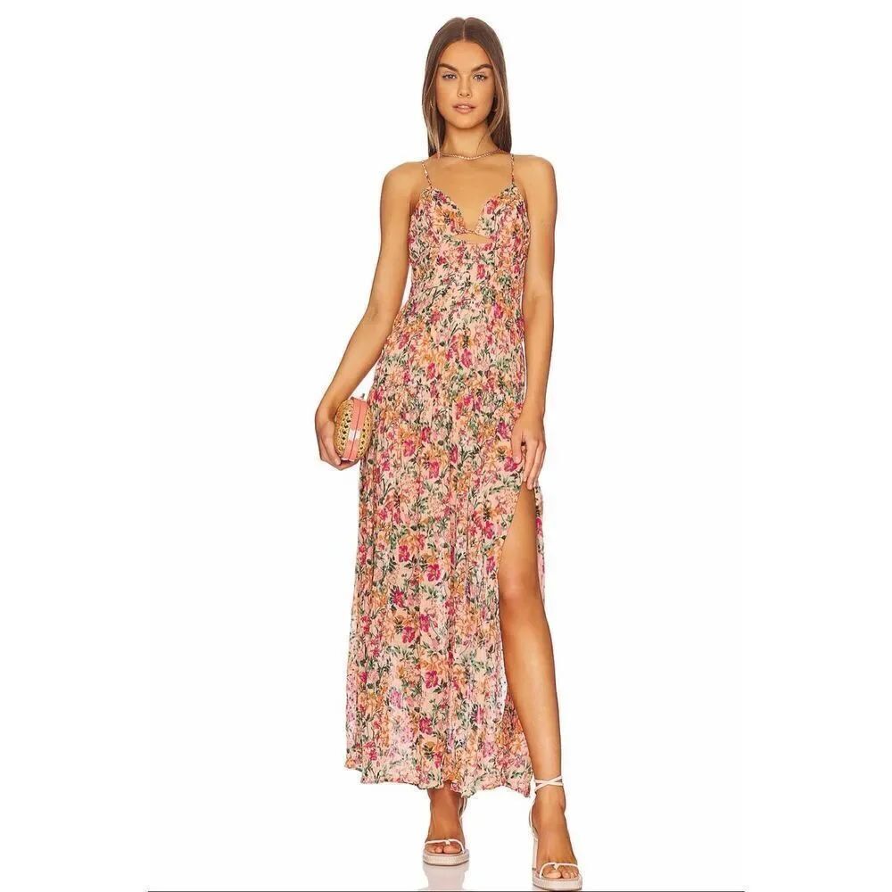 ASTR The Label Tropics Plunge Pleated Floral Maxi Dress Peach Fuchsia Size L